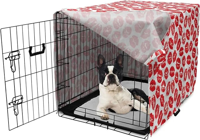 Lunarable Kiss Dog Crate Cover, Rhythmic Make up Red Luscious Lips Lipstick Imprint Illustration, Easy to Use Pet Kennel C...