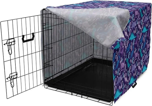 Lunarable Jurassic Dog Crate Cover, Abstract Cartoon Dinosaur Pattern Ferns Caricature Style Creatures Prehistoric, Easy t...