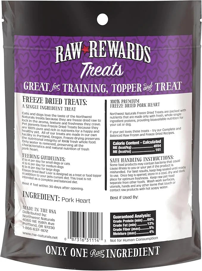 Northwest Naturals Raw Rewards Freeze-Dried Pork Heart Treats for Dogs and Cats - Bite-Sized Pieces - Healthy, 1 Ingredien...