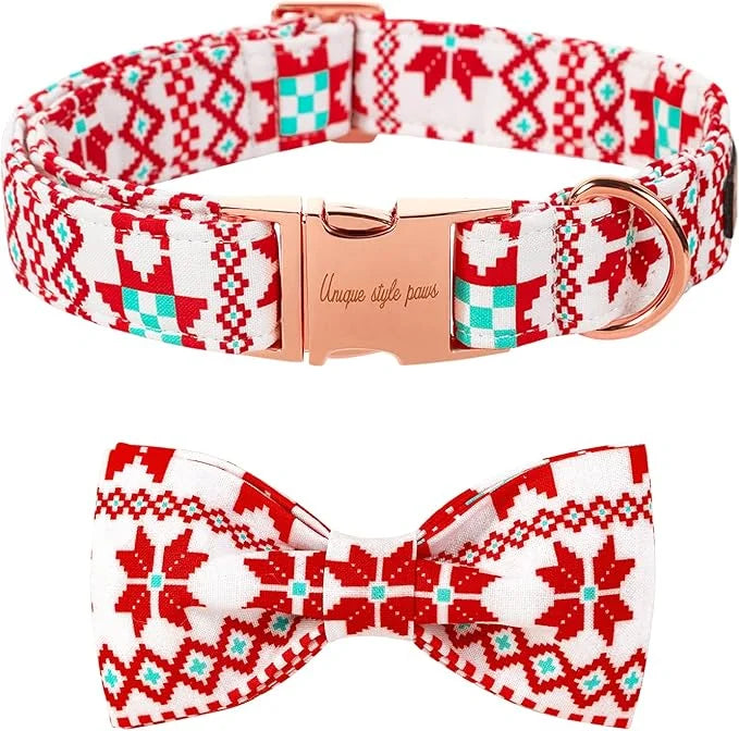 Unique style paws Christmas Dog Collar with Bow Tie Red White Grid Cotton Collar Adjustable Puppy Plaid Collar for Small M...