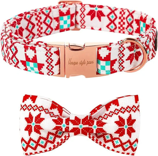 Unique style paws Christmas Dog Collar with Bow Tie Red White Grid Cotton Collar Adjustable Puppy Plaid Collar for Small M...