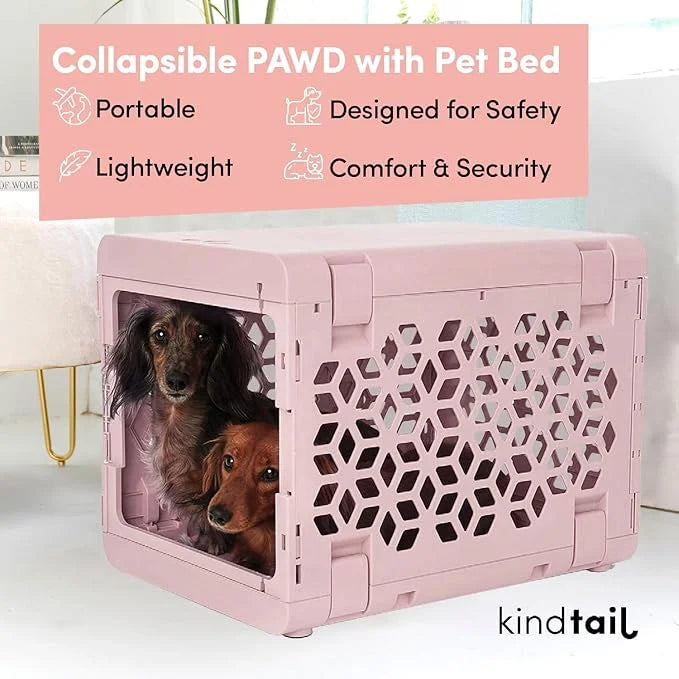 KindTail PAWD Collapsible Puppy and Dog Crate + Washable Bed - Stylish Pet Kennel with Comfortable Pad - Safe Indoor Set -...