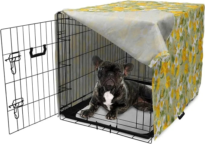 Lunarable Daffodil Dog Crate Cover, Vintage Inspirations Floral Arrangement Pattern Romantic Bouquet Nature, Easy to Use P...