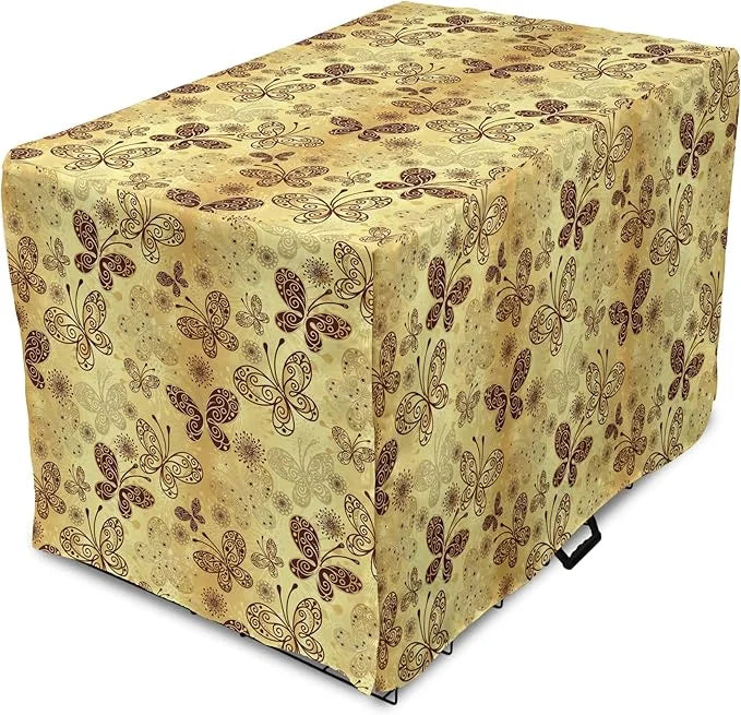 Lunarable Yellow and Brown Dog Crate Cover, Butterflies with Lace Style Ornament Spring Season Beauty Nature Print, Easy t...
