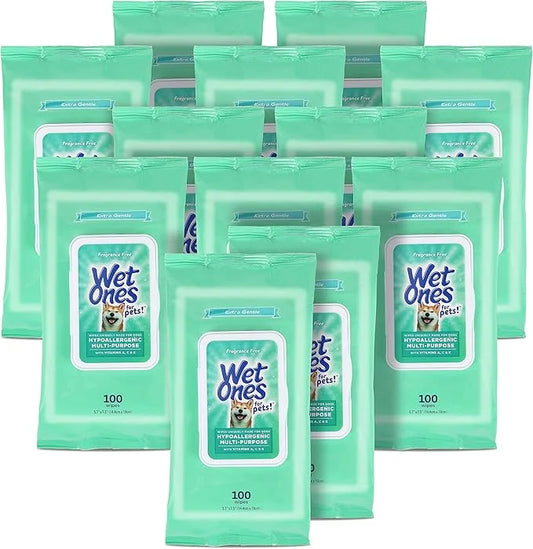 Wet Ones for Pets Hypoallergenic Multi-Purpose Dog Wipes with Vitamins A, C & E, 100 ct - 12 Pack | Fragrance-Free Hypoall...