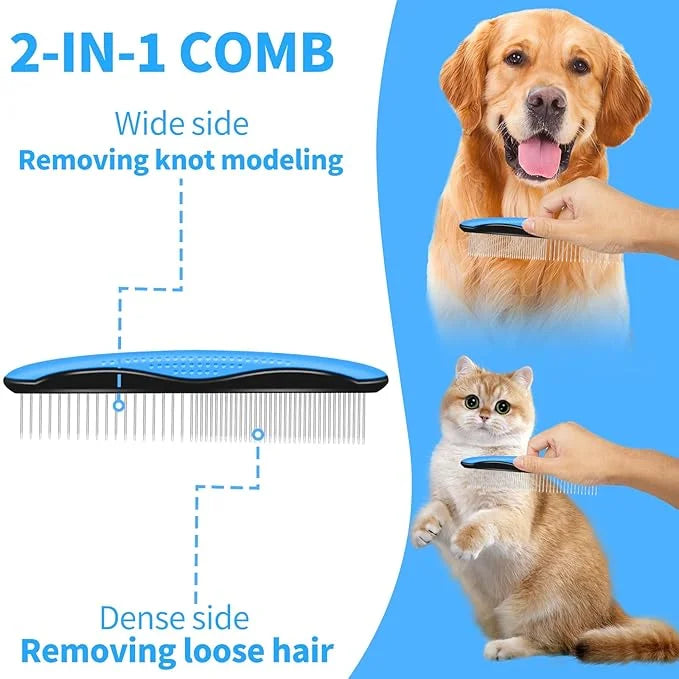 2 in 1 Pet Grooming Comb for Cats and Dogs – Stainless Steel Teeth and TPR Design for Detangling, Deshedding, and Demattin...