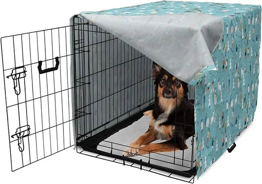 Lunarable Christmas Dog Crate Cover, Winter Games Theme Pattern with Snowman Trees Snowboard Reindeer and Adults, Easy to ...