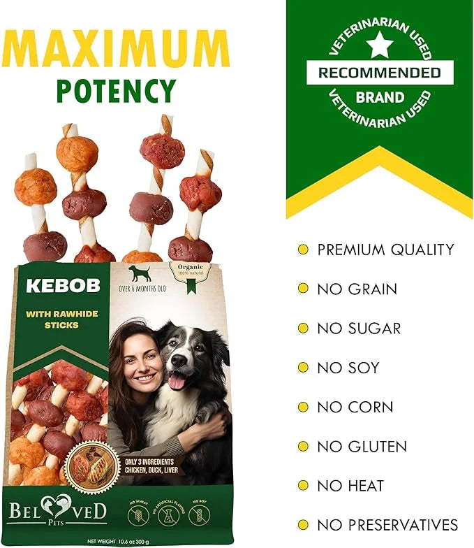 Kabobs Dog Rawhide Treats with Duck & Chicken Human Grade Meat - All Natural & Organic Dried Snacks - Grain Free Long Last...