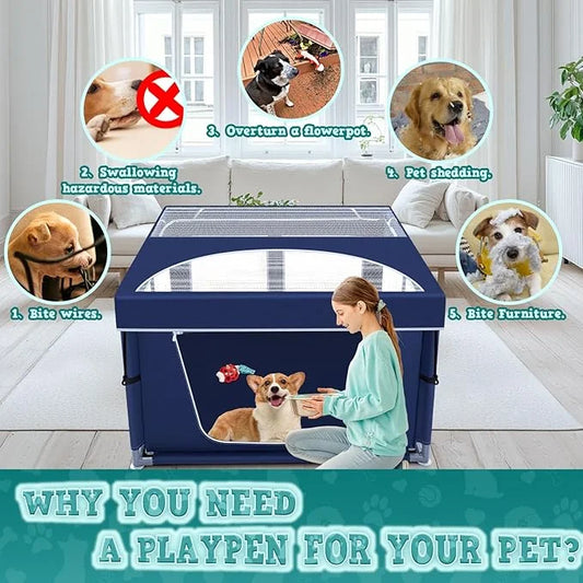 42x42x25.6 Inch Puppy Playpen with Cover, Dog Playpen for Puppies or Small Dogs, Pet Fence for Indoor & Outdoor, Sturdy Sa...
