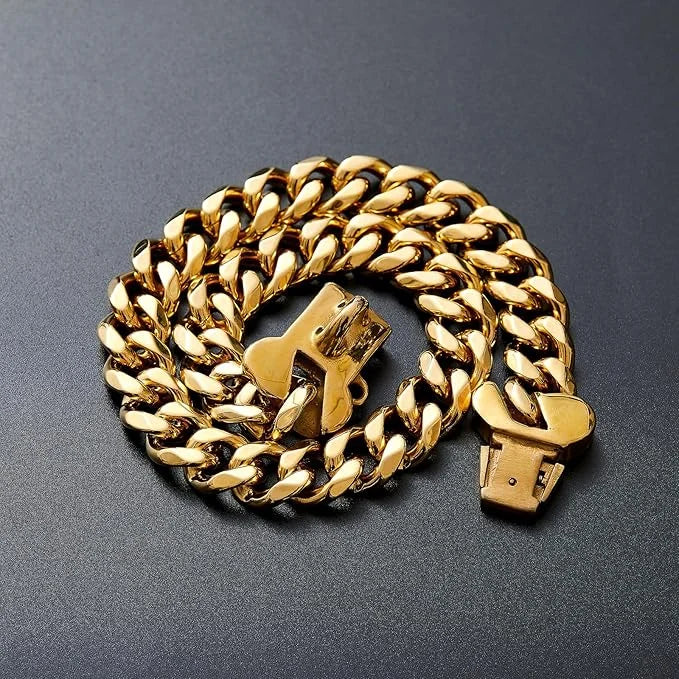 15mm Wide Strong Stainless Steel Bone Style Buckle Gold Dog Chain Collar,18K Gold Plated Cuban Link Chain Dog Necklace Col...