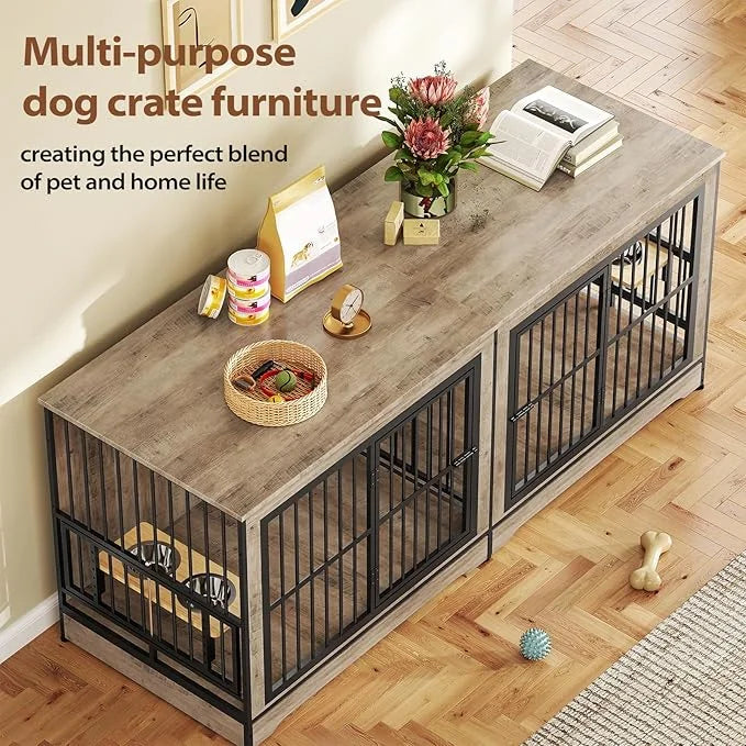 Rovibek 78 Double Dog Crate Furniture for 2 Large Dogs Indoor, Wooden Furniture Dog Crates with Dog Bowl, Dog Kennel Furni...