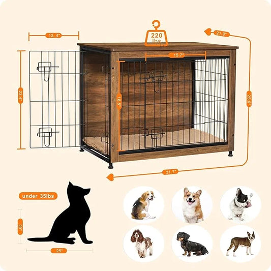 DWANTON Dog Crate Furniture with Cushion, Wooden Kennel Table with Double Doors, Indoor Dog House, Medium Size, 32.5" L, W...