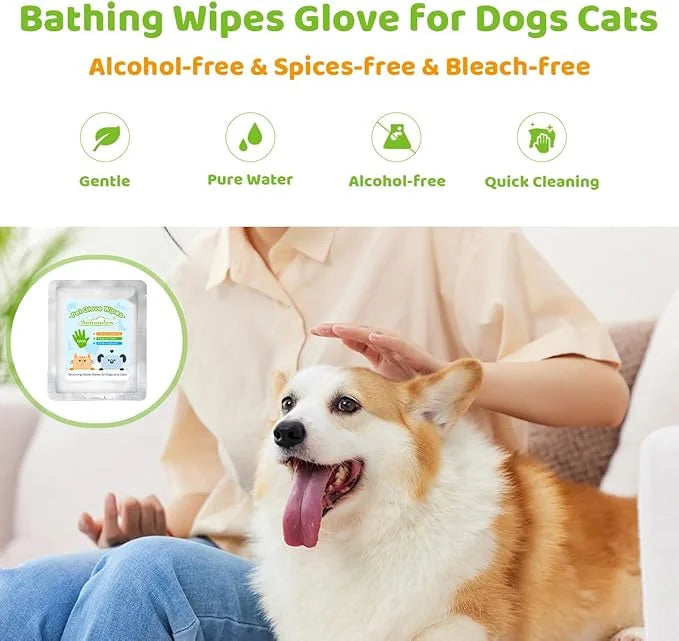 Bathing Wipes Glove for Dogs Cats, 12 PCS Dog Cleaning Glove Wipes with Grooming Fur, Dog Wipes Washing Gloves, Cat Cleani...