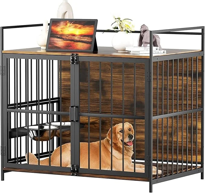 ROOMTEC Furniture Style Large Dog Crate with 360° & Adjustable Raised Feeder for Dogs 2 Stainless Steel Bowls -End Table H...