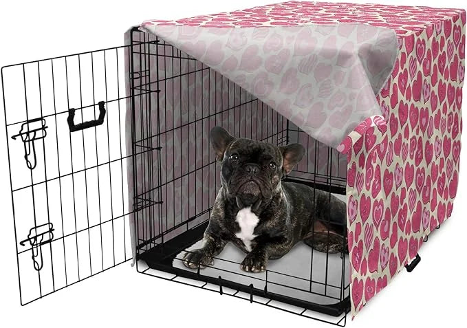 Lunarable Hearts Dog Crate Cover, Valentines Day Inspired Heart Designs with Various Styles Curved Lines Flowers Bows, Eas...