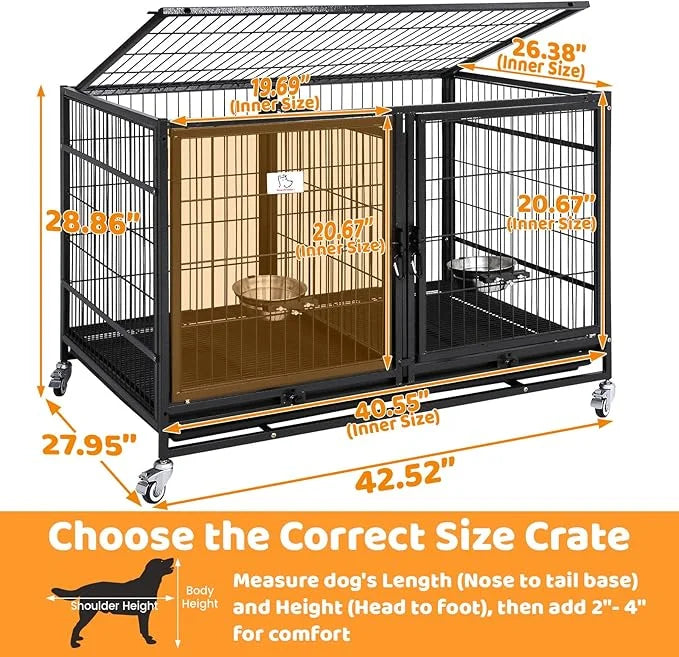 Homey Pet 43 Inch Metal Open Top Stackable Heavy Duty Dog Cage Kennel with Three Door, Metal Floor Grid, Tray, Wheels, Div...