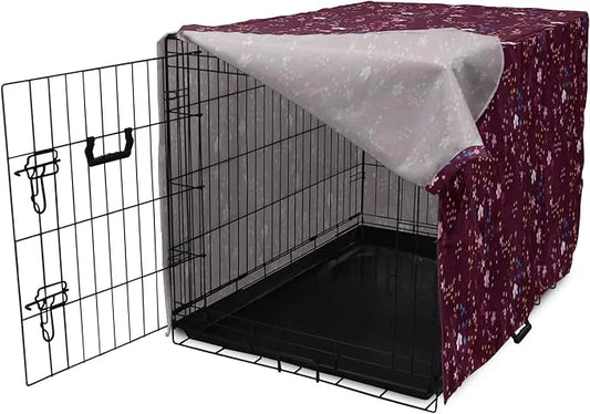 Lunarable Maroon Dog Crate Cover, Pattern of Wildflowers Scene Botanical Spring Time Elements Colorful Blooms, Easy to Use...
