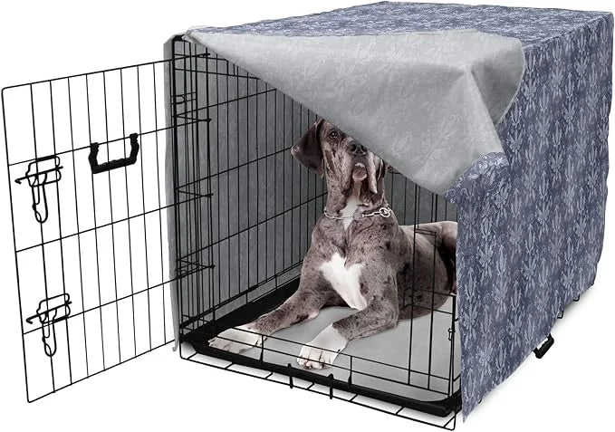 Lunarable Damask Dog Crate Cover, Medieval Repetitive Pattern with Flourish Ornaments, Easy to Use Pet Kennel Cover for Me...