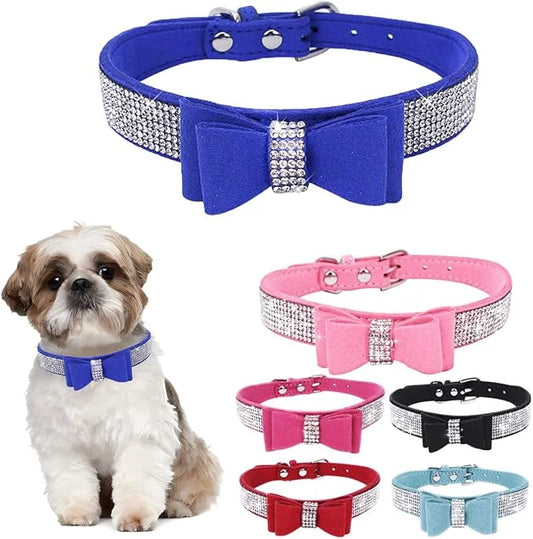 Blue Large Dog Collar Girl, Rhinestone Dog Collar with Bow tie, Female Cat Collars Crystal Jeweled Bling Sparkling Glitter...