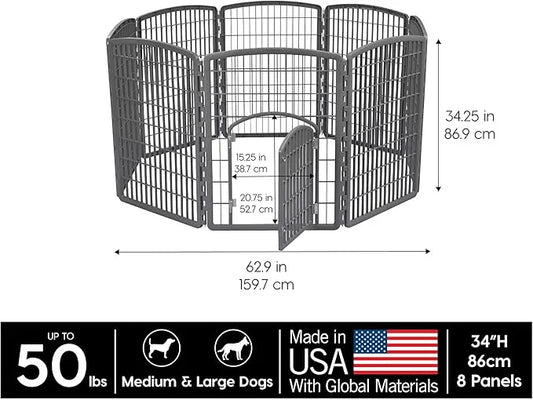 IRIS USA Dog Playpen, 8-Panel 34" Pet Playpen with Door, Puppy Playpen, Indoor/Outdoor Dog Pen, 63 x 63 x 34, Foldable, Cu...