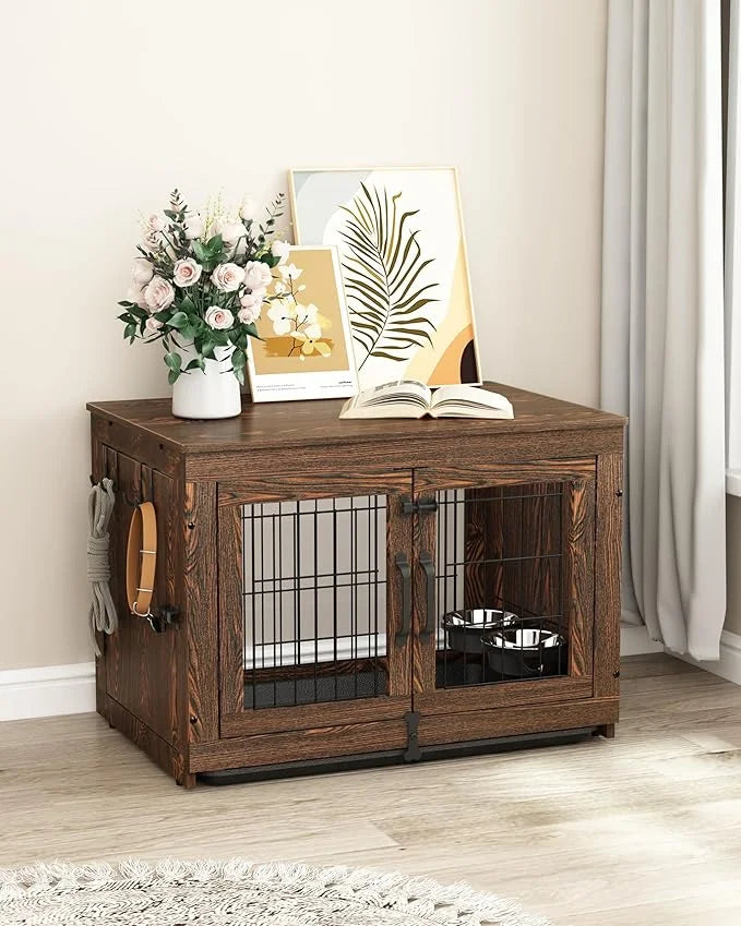 Piskyet Wooden Dog Crate Furniture with 360°Rotatable Removable Dog Bowls, Dog Crate End Table with Tray, Double Doors Dog...