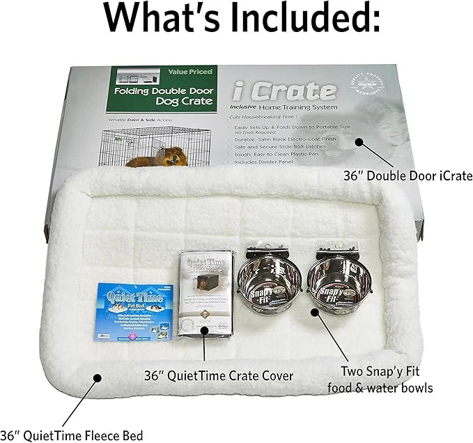 Midwest Homes for Pets 2 Door iCrate Pet Bed, Cover & 2 Bowls, 36" Kit/Medium/Large Dog Breed - Product Image