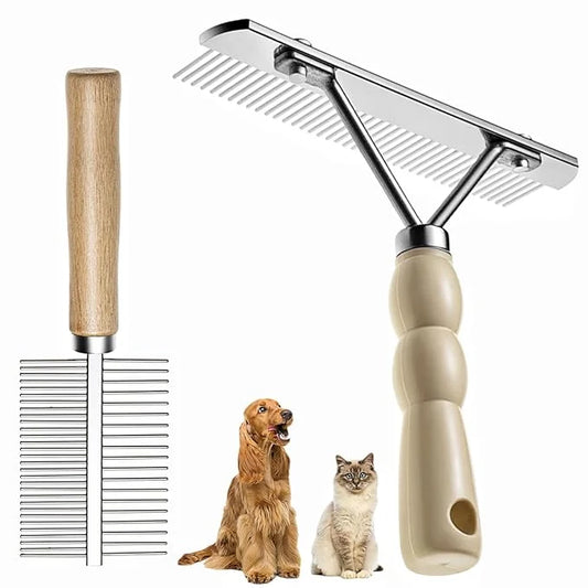 Undercoat Rake for Dogs, 2 Pack Double Coat Brush Set Long Tooth Undercoat Brush & Flea Comb, Long Hair Dog Combs for Groo...