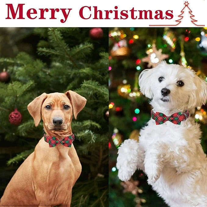 Unique style paws Christmas Dog Collar with Bow Tie Red Green Plaid Adjustable Cotton Puppy Collar for Small Medium Large ...