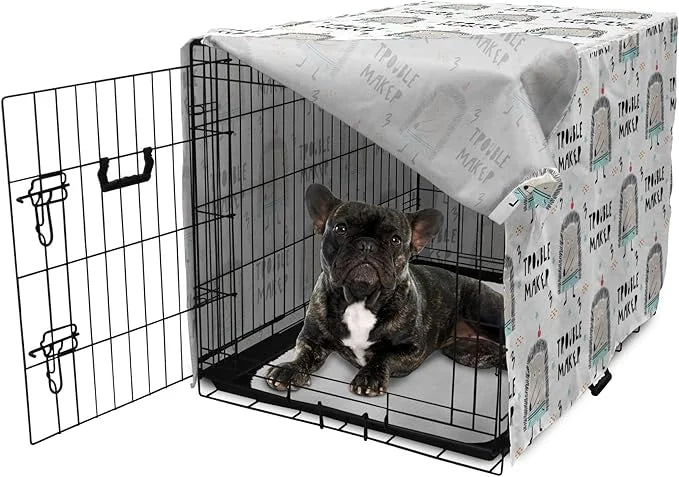 Lunarable Cartoon Dog Crate Cover, Hedgehog Trouble Maker Lettering with Apple and Stars Bad Boy Print, Easy to Use Pet Ke...
