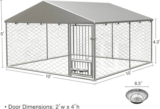 Large Outdoor Dog Kennel, Heavy Duty Galvanized Steel Dog Enclosure with Swivel Feeder, Chicken Coop w/Waterproof UV-Resis...