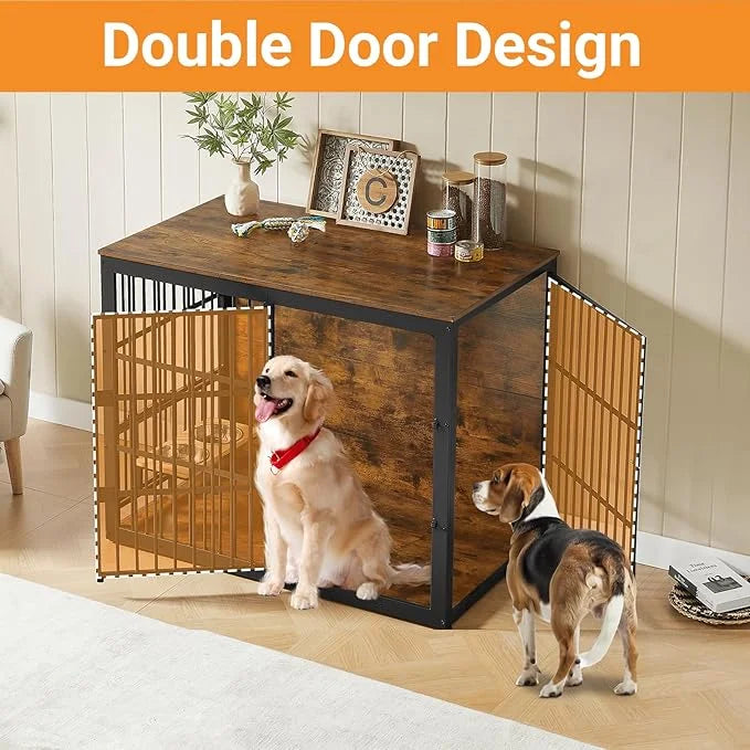 Dog Crate Furniture, 48 Inch Dog Kennel Furniture, Wooden Dog Crate Furniture Large Breed with Rotating Bowls, Heavy Duty ...