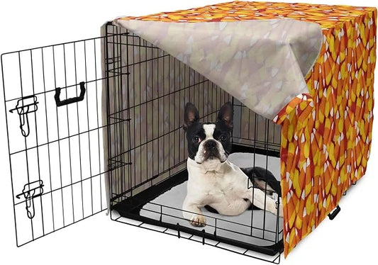 Lunarable Candy Corn Dog Crate Cover, Cartoon Style Pattern of Repetitive Nested Sweets Clutter, Easy to Use Pet Kennel Co...