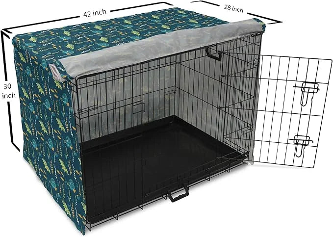 Lunarable Jurassic Dog Crate Cover, Evolution Marine Dinosaurs and Nautical Foliage Animal, Easy to Use Pet Kennel Cover f...