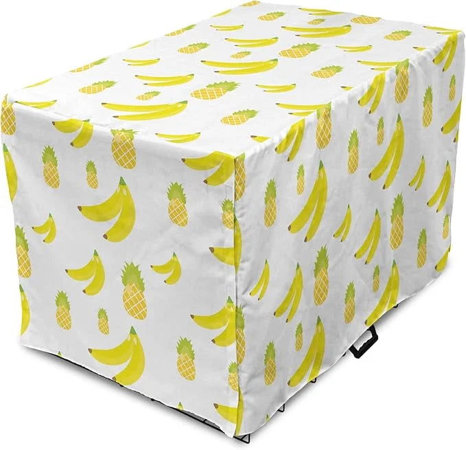 Lunarable Yellow Pineapple Dog Crate Cover, Continuous Ananas and Banana Tropical Fruits Print, Easy to Use Pet Kennel Cov...