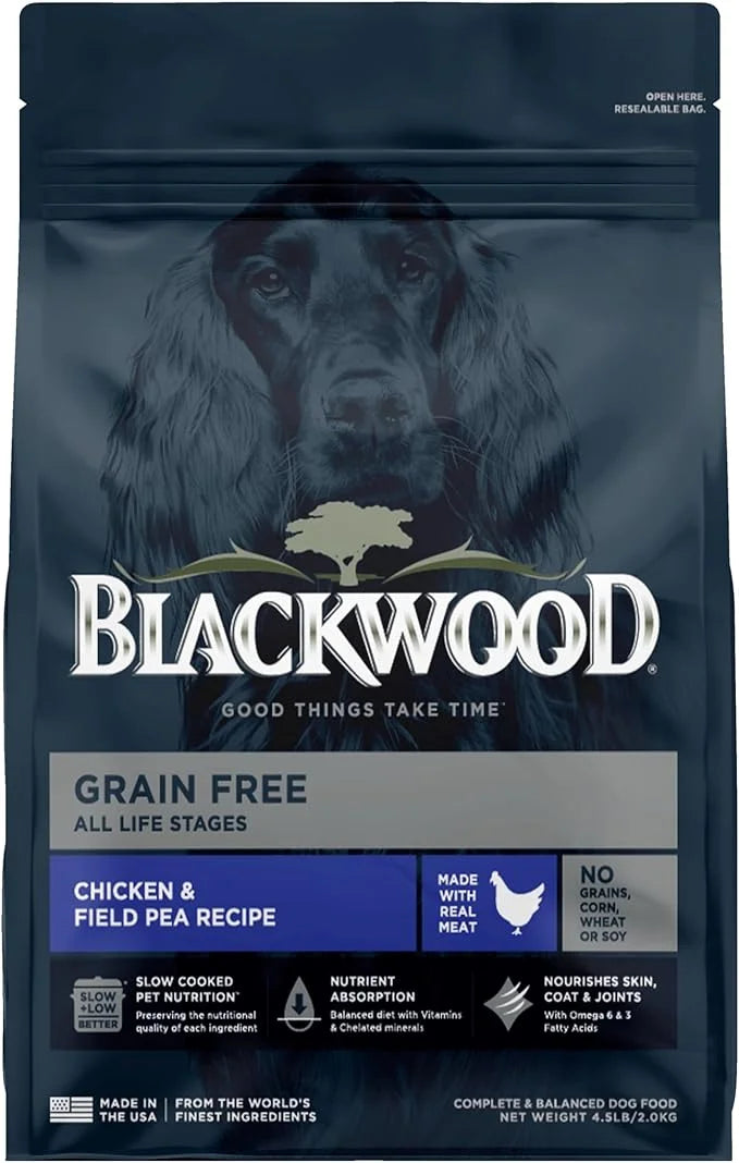 Blackwood Grain Free Dry Dog Food, Chicken & Field Pea Recipe, 4.5 Pound Bag for All Life Stages, Slow Cooked with Vitamin...