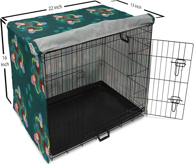 Lunarable Mermaid Dog Crate Cover, Smiling Happy Cheerful Mermaids with Seashells Scallops Exotic Waters Spirals, Easy to ...