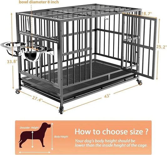 LOVMOR 43" Heavy Duty Dog Crate with Unique Air Lift Rod/Wheels/ 360° & Adjustable 2 Bowls, Extra Medium Dog Crate - Produ...