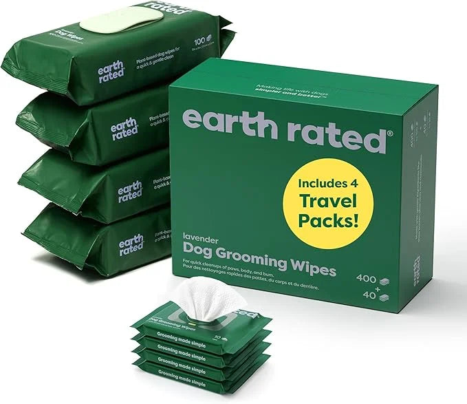 Earth Rated Hypoallergenic Dog Grooming Wipes for at Home & On-The-Go, for Paws, Body & Butt, Includes 4 Travel and Full S...