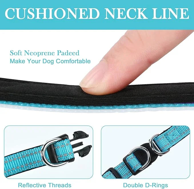 AUAUY Reflective Nylon Dog Collars, Adjustable Classic Pet Collars with Soft Neoprene Padding, Double Security Dual D-Ring...