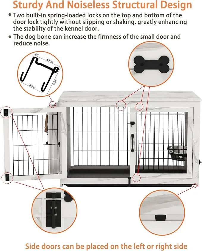Piskyet Wooden Dog Crate Furniture with 360°Rotatable Removable Dog Bowls, Dog Crate End Table with Tray, Double Doors Dog...