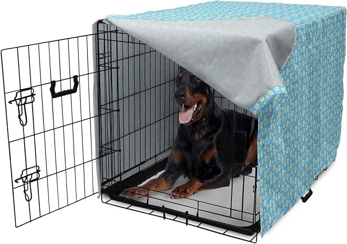 Lunarable Yellow and Blue Dog Crate Cover, Graphic Daisies Chamomiles Summer Nature Pattern with Dots, Easy to Use Pet Ken...