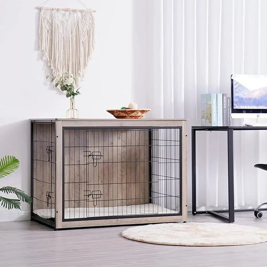 DWANTON Dog Crate Furniture with Cushion, Wooden Kennel Table with Double Doors, Indoor Dog House, Extra Large Size, 43.3"...