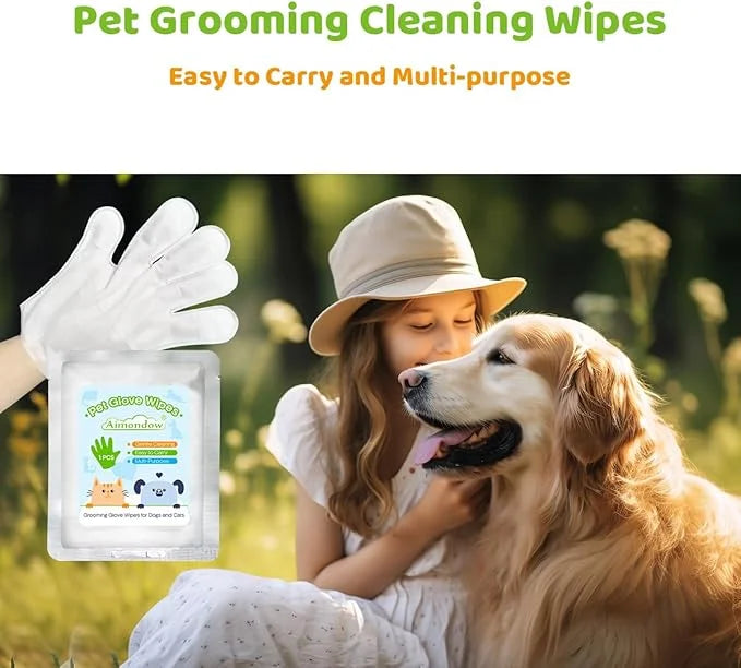 Bathing Wipes Glove for Dogs Cats, 12 PCS Dog Cleaning Glove Wipes with Grooming Fur, Dog Wipes Washing Gloves, Cat Cleani...