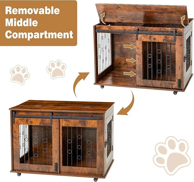 2 Rooms Dog Crate Furniture with Movable Divider,39" Wooden Dog Crate Table,Wooden Dog Kennel Pet House Cage,Flip Top 39.3...
