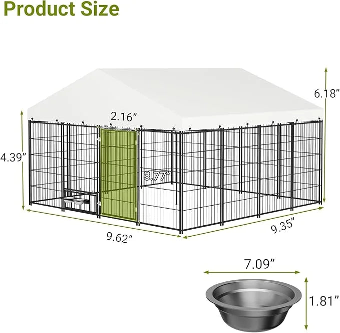 Rovibek 10x10 FT Dog Kennel Outside, Dog Kennels Outdoor with 2 Height Adjustable Rotating Feeder Bowls, Dog Enclosure Out...