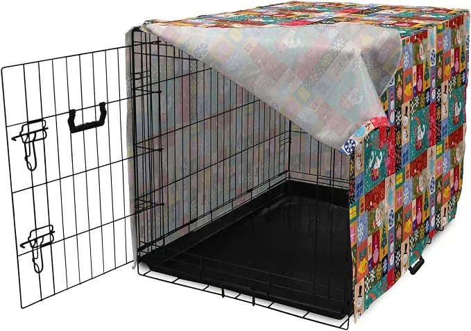 Lunarable Christmas Dog Crate Cover, Modern Design Theme Funny Xmas Winter Patterns Theme, Easy to Use Pet Kennel Cover fo...