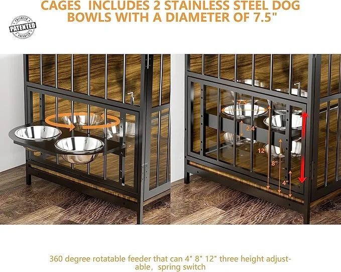 ROOMTEC Furniture Style Large Dog Crate with 360° & Adjustable Raised Feeder for Dogs 2 Stainless Steel Bowls -End Table H...