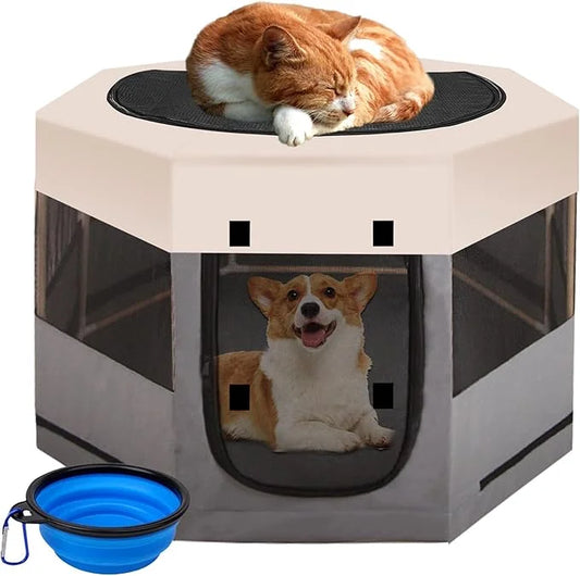 Pet Playpen with Zipper Top, Carrying Case, and Bowl - Foldable Pet Crate 35'' x 35'' x 22'' - Portable Pet Pens Ideal for...