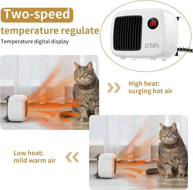 Thermostatic Dog House Heater with Anti-Bite Wires, Wall-Mounted Pet Heater with 2 Wind Speed Modes (300W/600W), Suitable ...