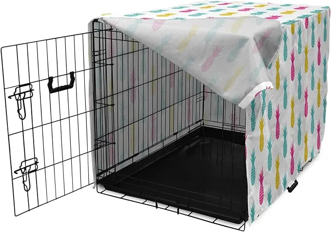 Lunarable Yellow Pineapple Dog Crate Cover, Rhythmic Ananas Fruits in Colorful Design Summer Tropical Concept, Easy to Use...